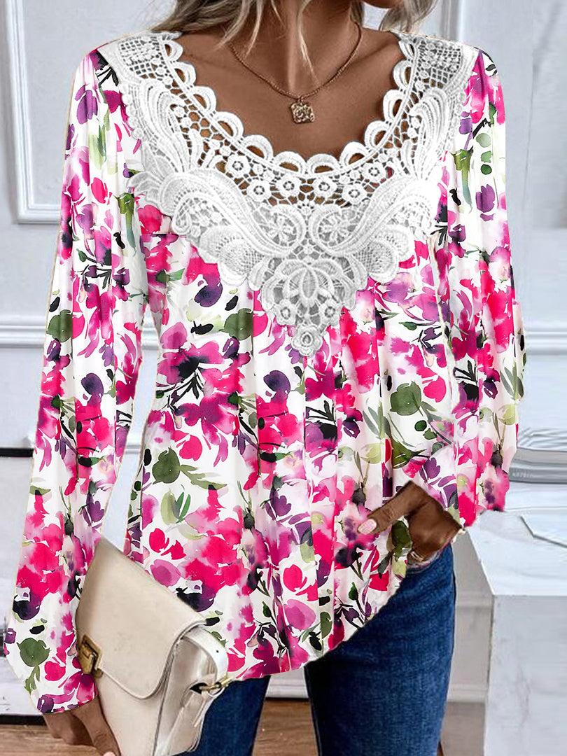 Women's Long Sleeve Scoop Neck Graphic Floral Printed Lace Top