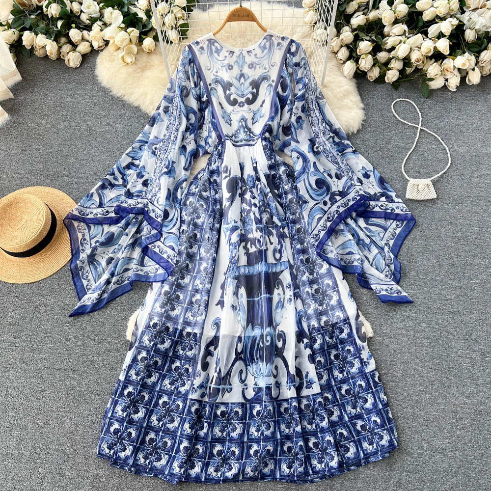 Nigikala Nigikala Autumn Dress New 2023 Small Design Style Holiday Style Retro Print Sleeve Chiffon Long Dress