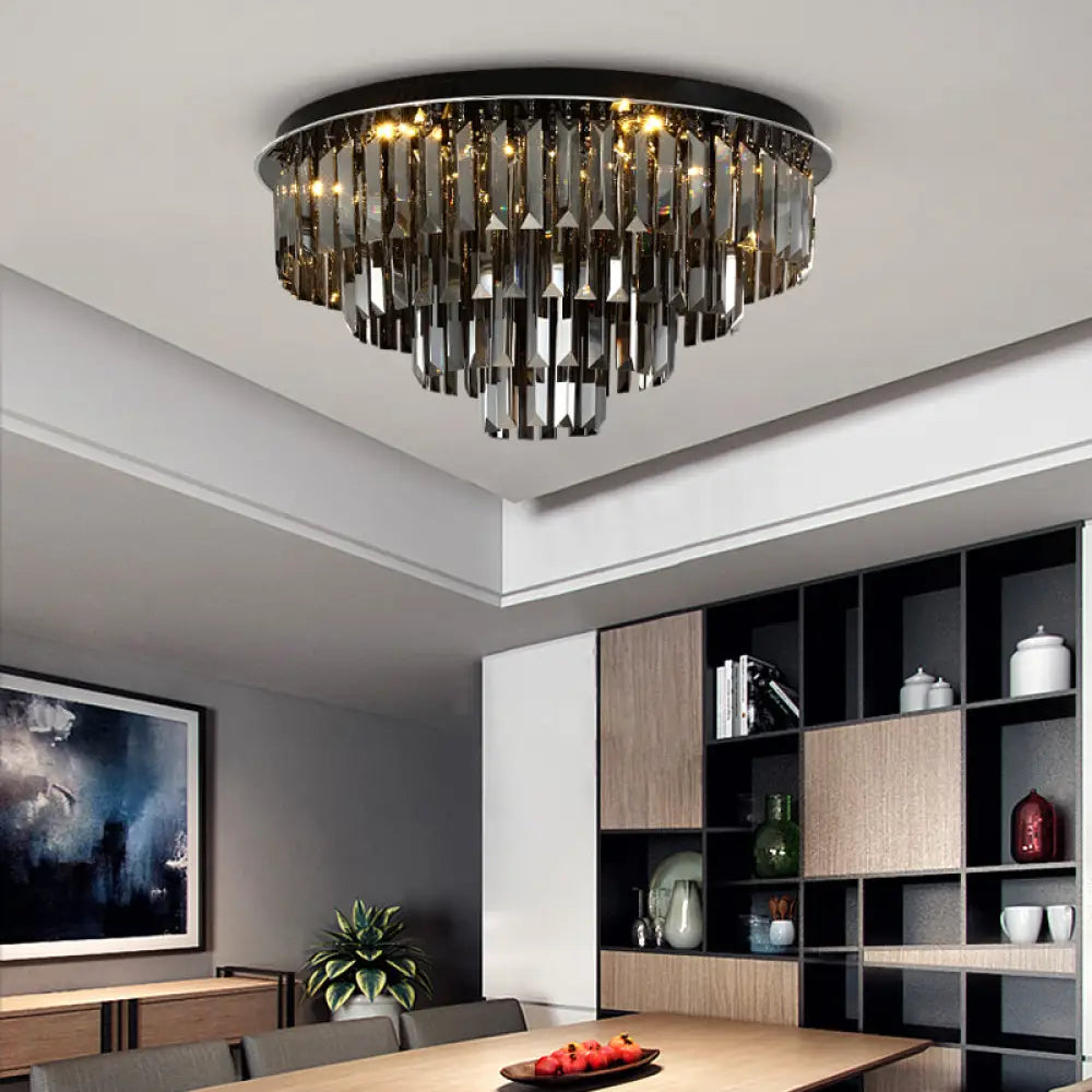 Contemporary Crystal Led Ceiling Mount Light - Smoke Gray Layered Design For Dining Room / 19.5&rsquo;
