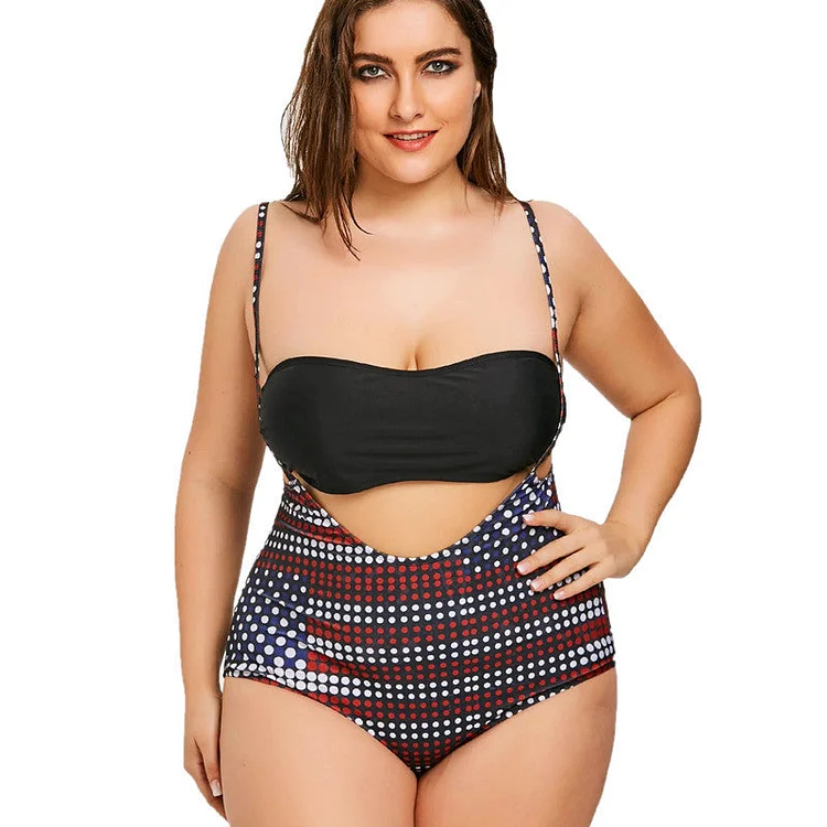 Women Plus Size Swimwear Bikini Polka Dot Printed Strap Shoulder Split Bikini