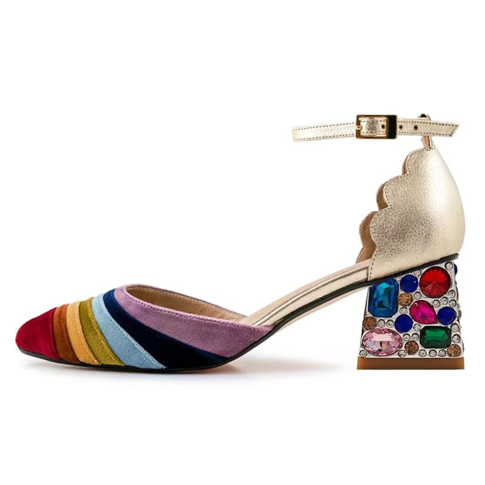 Multicolor Patchwork Ankle Strap Rhinestone Block Heel Pumps Shoes