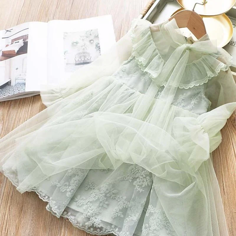 Girls Christmas Dress Girls Winter Dress With Bow Floral Lace Elegant Mesh Outfits New Year Vestido Infantil Girls Lace Dress