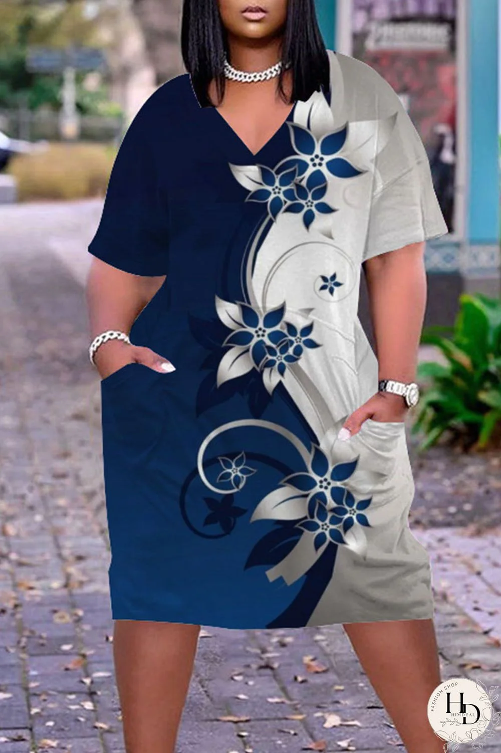 Blue Casual Print Patchwork V Neck Straight Dresses