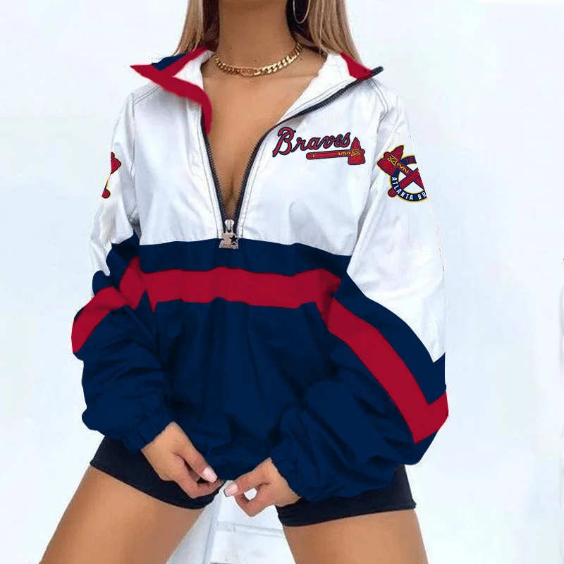 Women's Support Atlanta Braves Baseball Print V Neck Zipper Sweatshirt Jacket