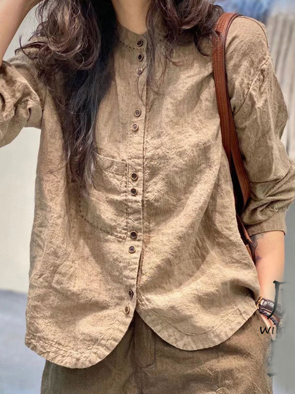 Retro Double Button Women's Cotton and Linen Shirt tjj Shicloths