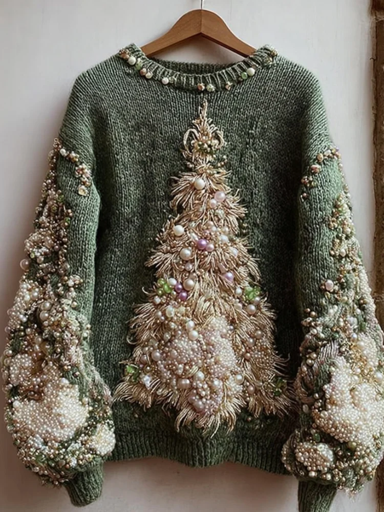 Vintage Pearl Christmas Tree Embroidered Green Vintage Round Neck Sweater