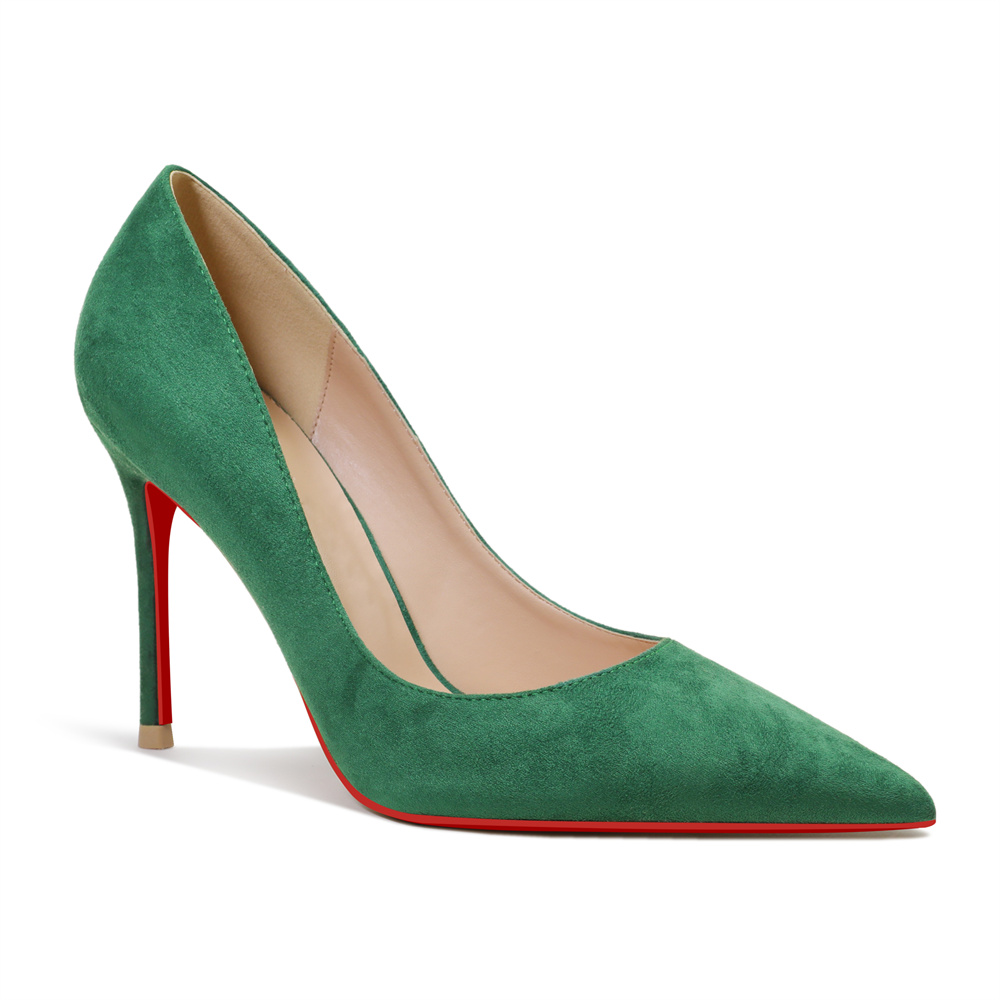 100mm Women's Stiletto Heels Classic Pointed Toe Red Bottom Pumps Suede Shoes-MERUMOTE