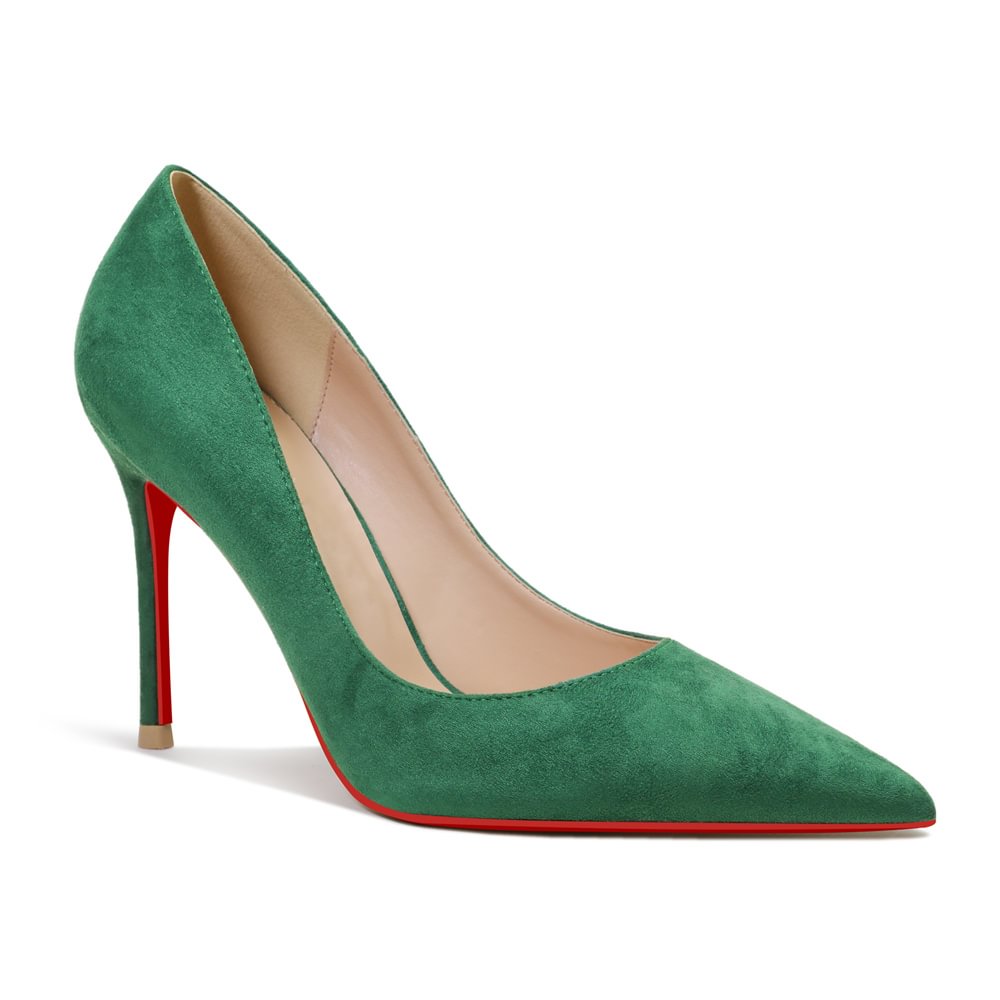 100mm Women's Stiletto Heels Classic Pointed Toe Red Bottom Pumps Suede Shoes-MERUMOTE