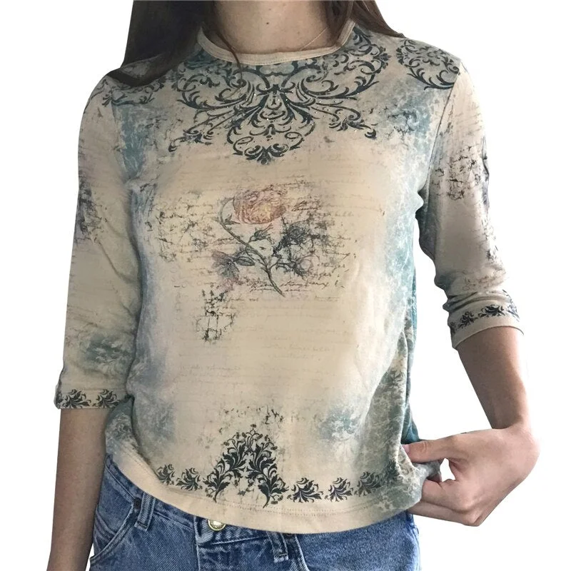 Xingqing Vintage Fashion Print Y2K Female T-shirt Autumn Crop Top Tee Aesthetic Long Sleeve T shirt Grunge Fairycore Pullovers