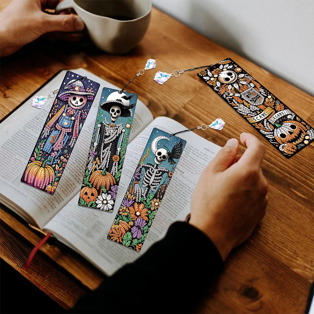4Pcs Halloween Pumpkin Skull Themed DIY Diamond Painting Bookmark for Book Lover