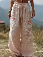 Bohemian Retro Style Plant Flower Design Women's  Linen Casual Long Pants