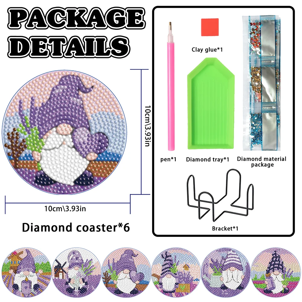 6pcs DIY Lavender Gnome Diamond Crafts Coasters with Holder Wooden DIY Coaster