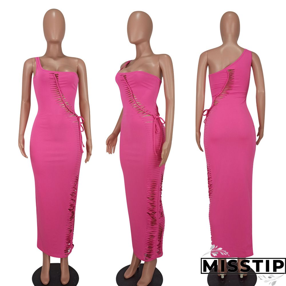 One Shoulder Sleeveless Cut Out Lace Up Maxi Dress