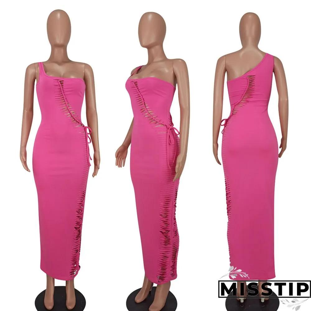 One Shoulder Sleeveless Cut Out Lace Up Maxi Dress