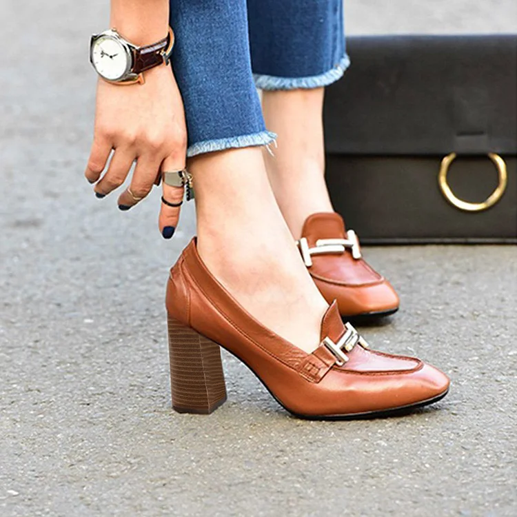 Tan Square Chunky Heel Loafers for Women|FSJshoes