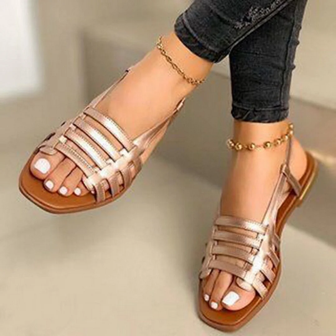 Flat Sandals Ladies Summer Outdoor Fashion Leather Flat Shoes Round Toe Elegent Slipper Adjustable Buckle Strap Casual Sandals