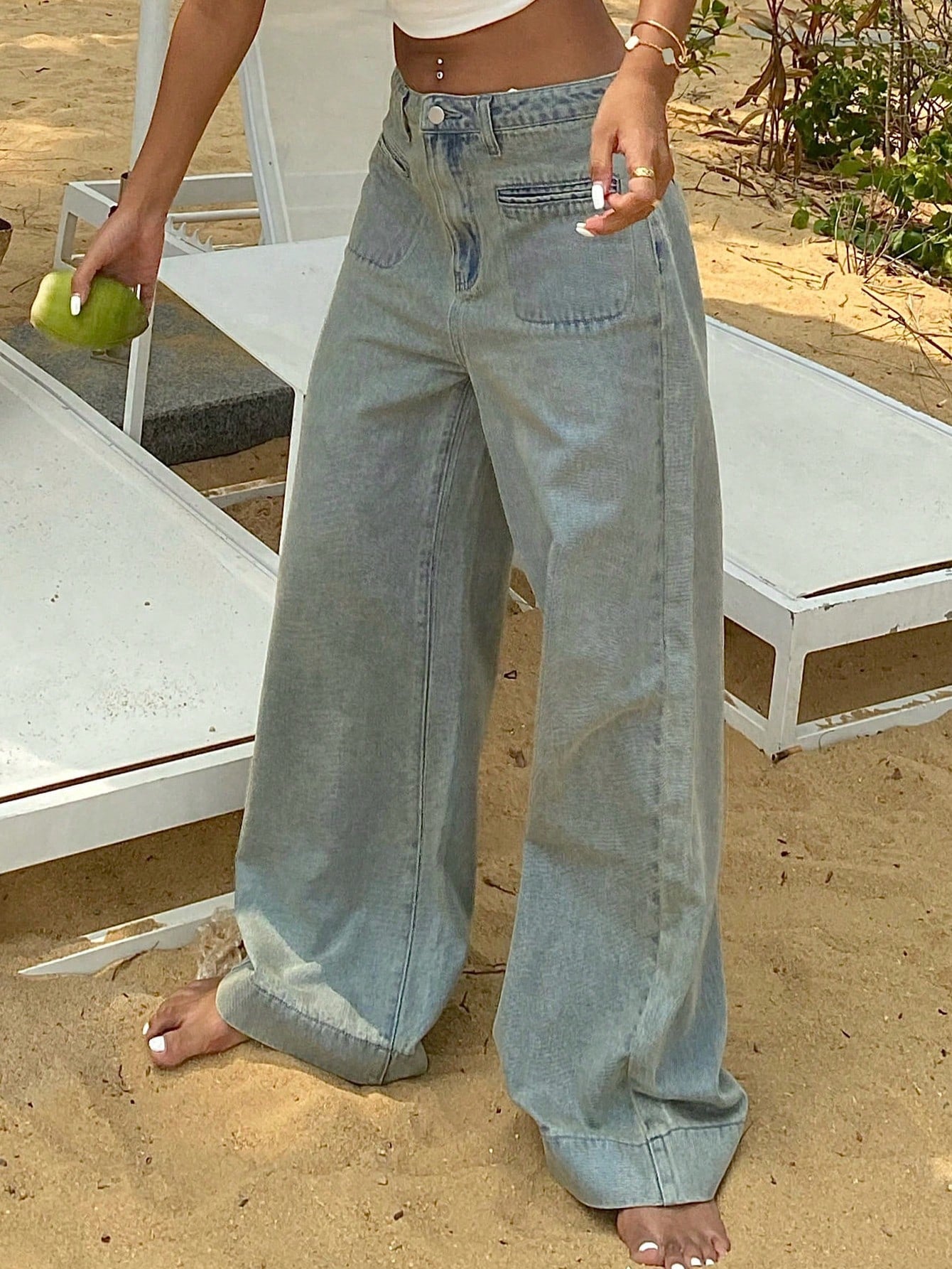 OLCooL Women Wide Leg Loose Denim Pants With Double Pockets For Daily Casual Wear olcool