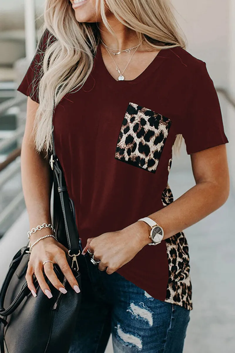Printed Irregular V-Neck Pocket T-Shirt