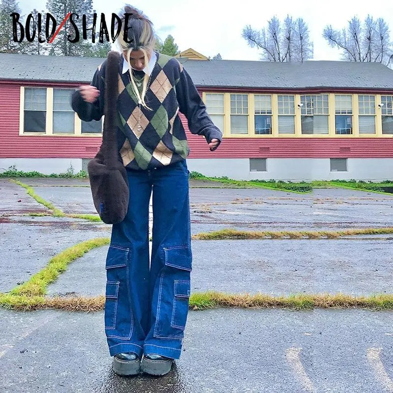 Bold Shade Street Style Indie Boyfriend Baggy Pants 90s Vintage Y2k Pockets Wide Legs Jeans Unicolor Women High Waist Trousers