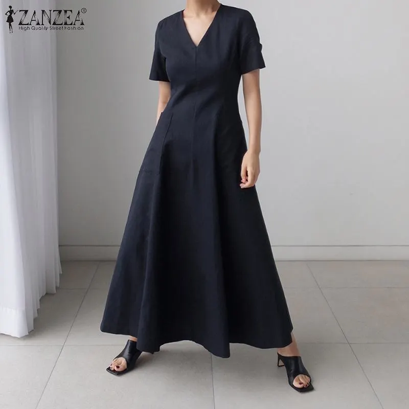 ZANZEA Elegant Women Summer Maxi Sundress Stylish V Neck Short Sleeve High Waist OL Work Long Vestidos Casual Solid A-line Dress