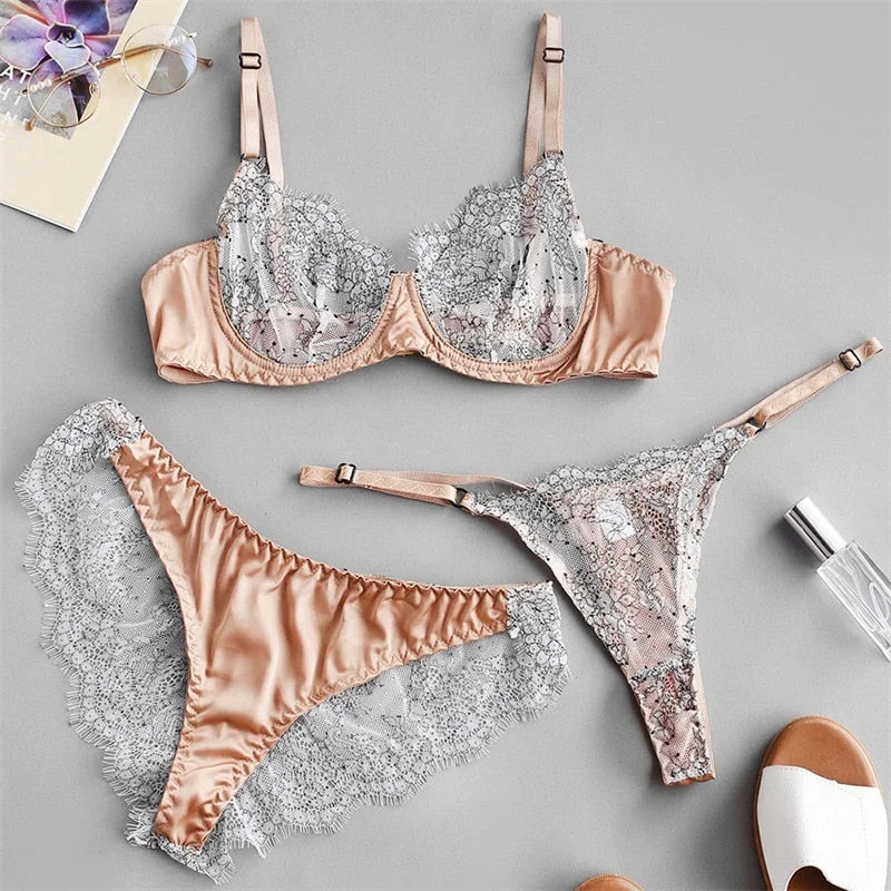 Yimunancy 3-Piece Lace Bra Set Women Hallow Out Transparent Underwear Set Ladies Sexy Lingerie Set