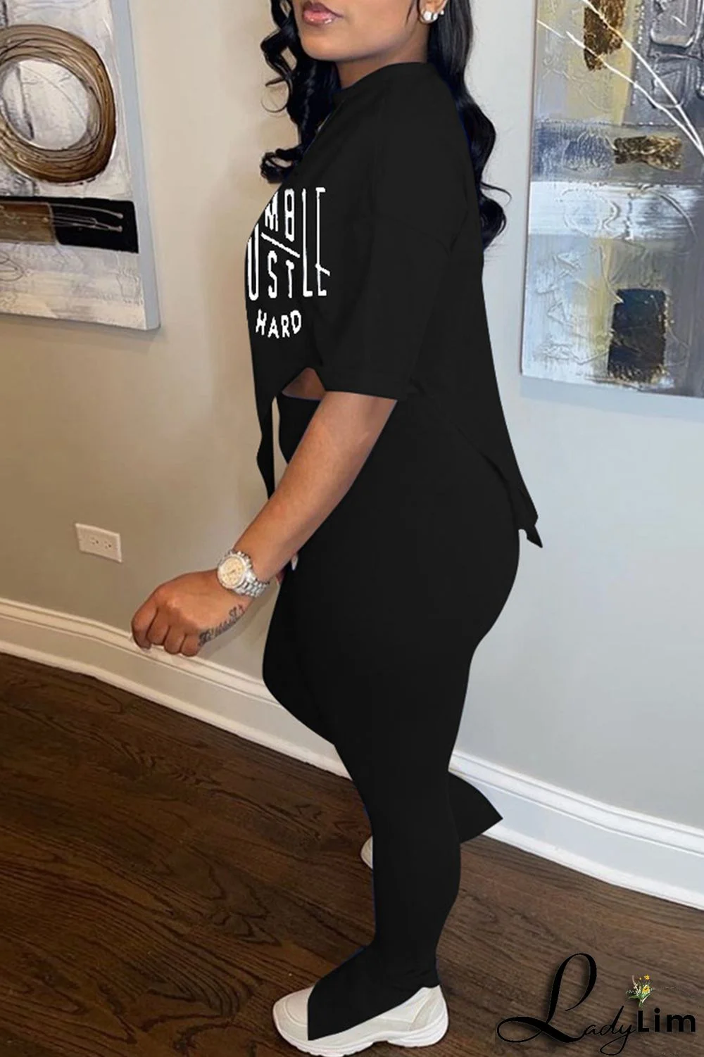 Pink Fashion Casual Print Slit Asymmetrical O Neck Short Sleeve Two Pieces