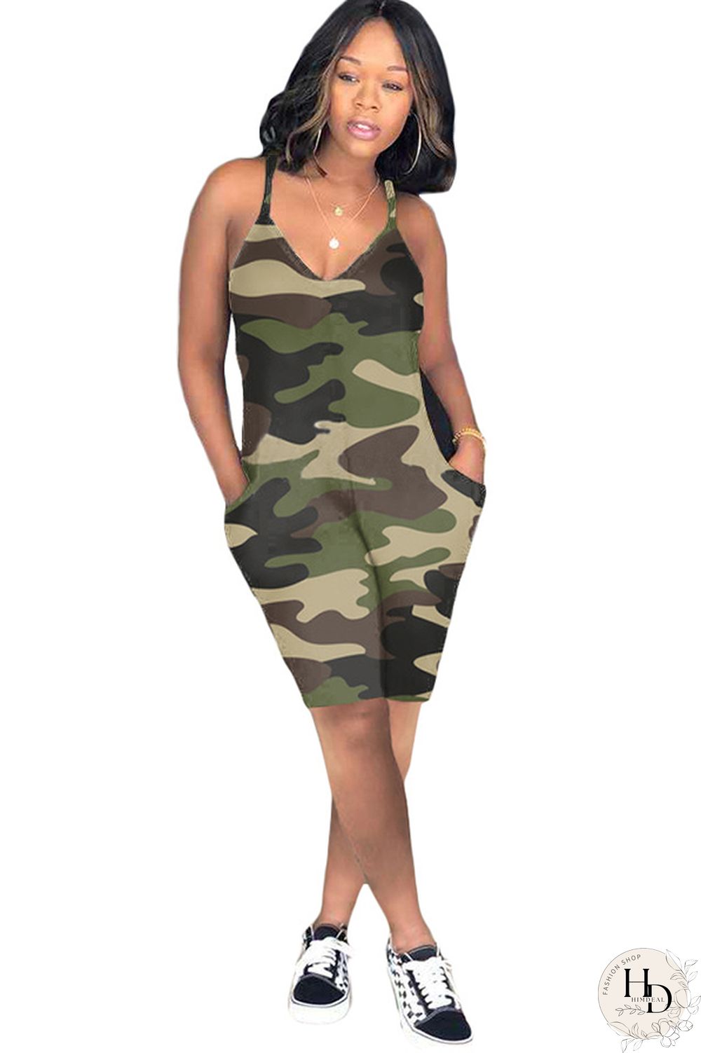 Blue Sexy Fashion Camouflage Chemical fiber blend Sleeveless V Neck Rompers
