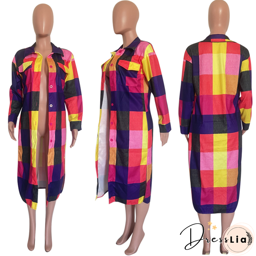 Plaid Lapel Single-breasted Woolen Long Coat