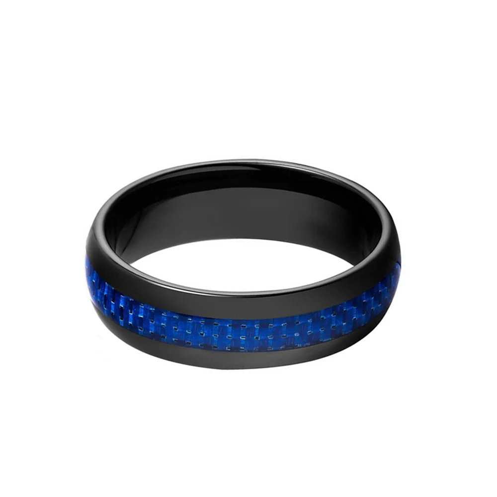 Blue Carbon Fiber Inlay 8mm Black Plated Tungsten Carbide Rings