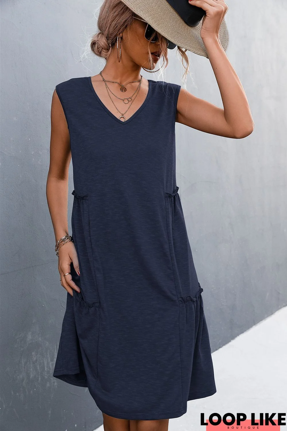 Solid V-Neck Sleeveless Vest Knit Dress Skirt