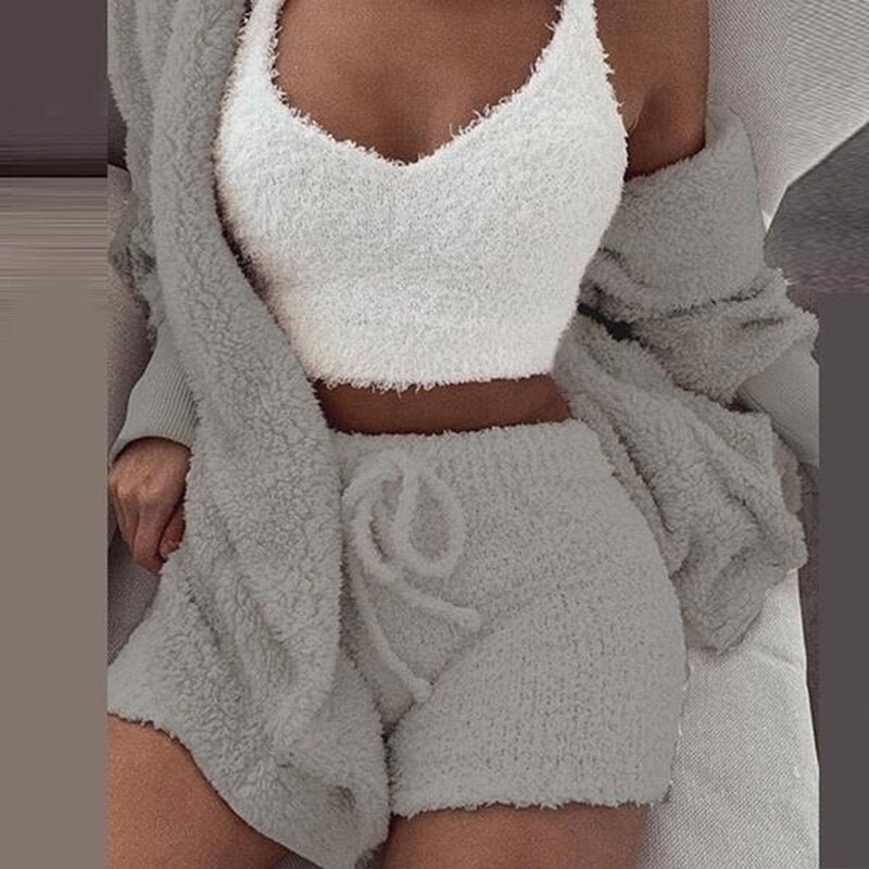 3PCS/Sets Sexy Fluffy Suits Hooded Coral Velvet Plush Coat+Shorts+Crop Top Women Tracksuit Casual Sports Overalls Sweatshirts