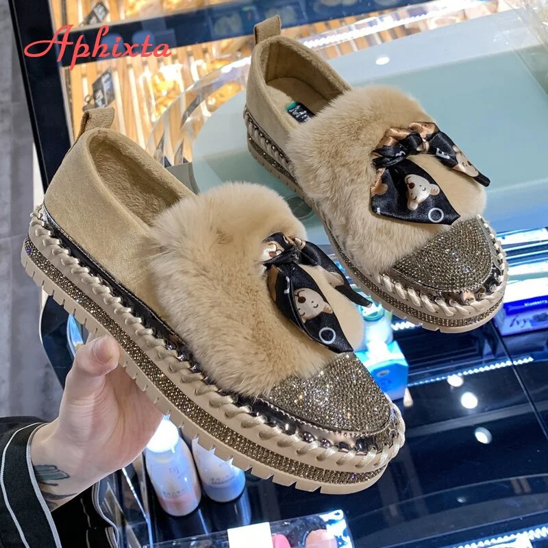 Aphixta Winter Natural Fur Flats Women Luxury Warm Loafers Crystals Toe 3cm Flat Platform Shoes Woman Slip-on Hair Flats