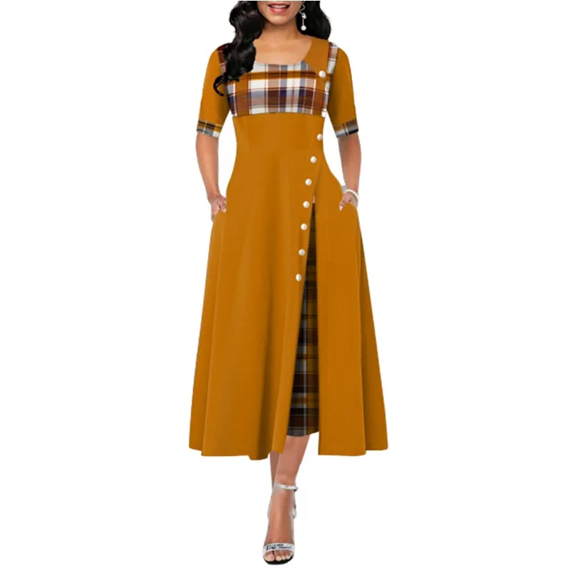 Elegant Long Maxi Dress Women Vintage Plaid Office Lady Dress Summer Half Sleeve O-Neck Button Party Dress Female Robe Plus Size