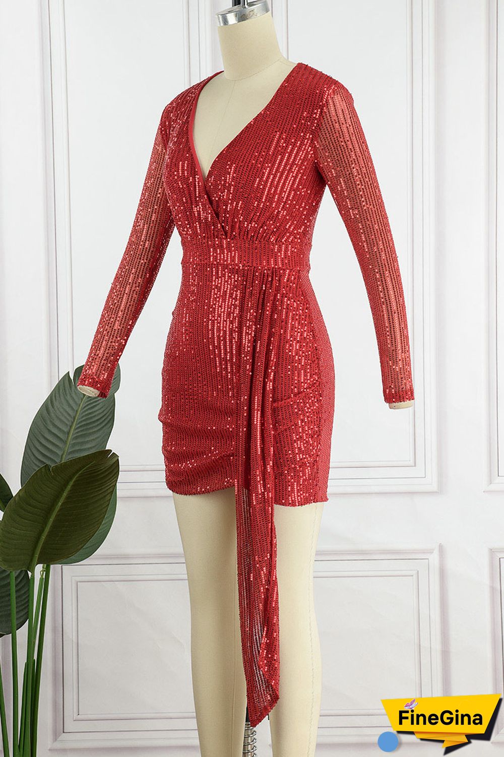 Burgundy Sexy Solid Sequins Patchwork Asymmetrical V Neck One Step Skirt Dresses