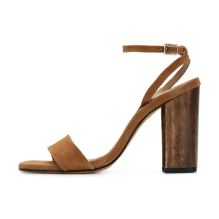 Women's Brown Suede Block Heel Ankle Strap Sandals |FSJ Shoes