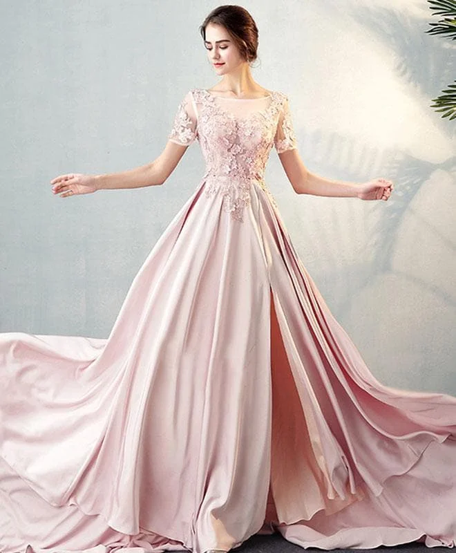 Pink Lace Tulle Long Prom Dress, Pink Evening Dress