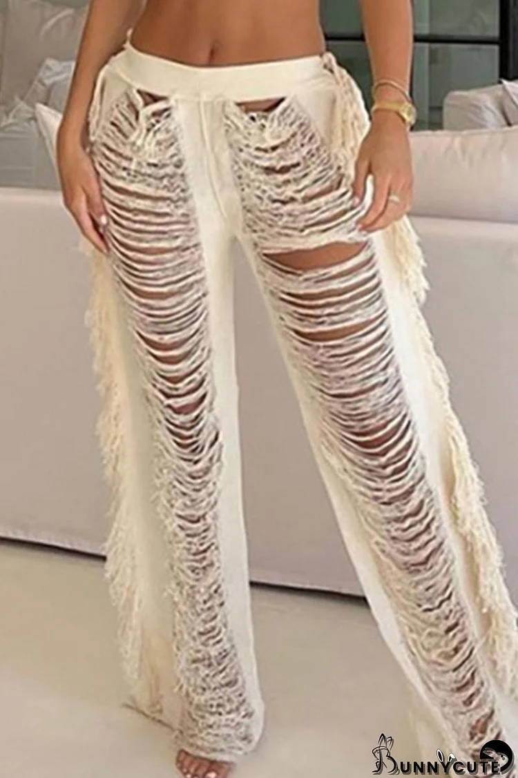 White Sexy Solid Tassel Hollowed Out Patchwork Straight High Waist Straight Solid Color Bottoms