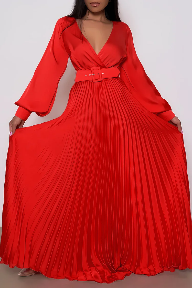 Deep V Neck Lantern Sleeve Belt A-Line Pleated Gowns Maxi Dresses-Red