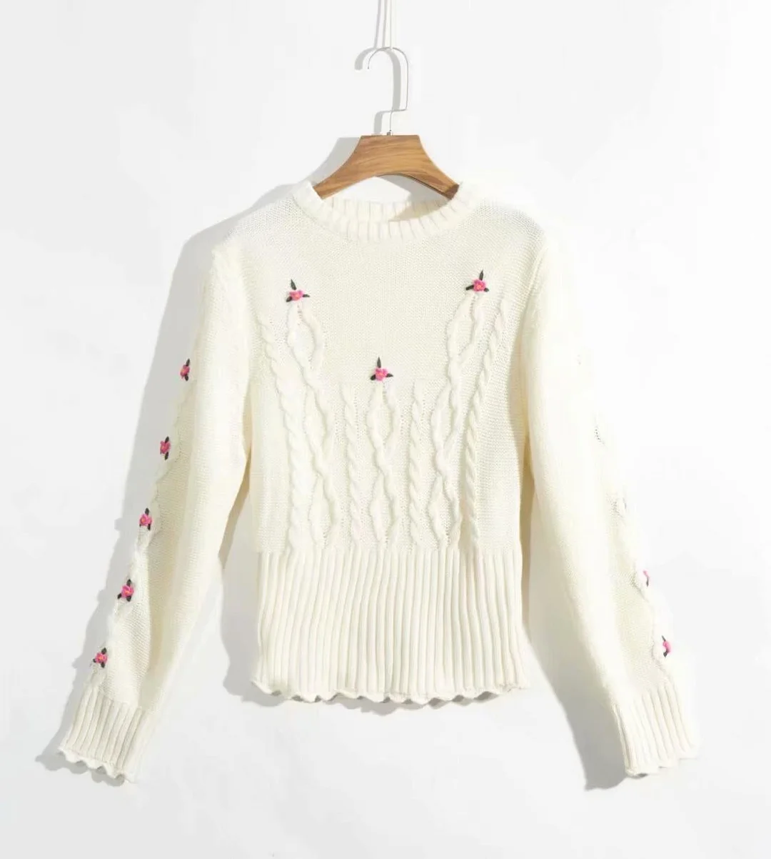 France Red floral embroidered women Sweater Vintage O Neck Mila sweater women Retro Warm Kintted