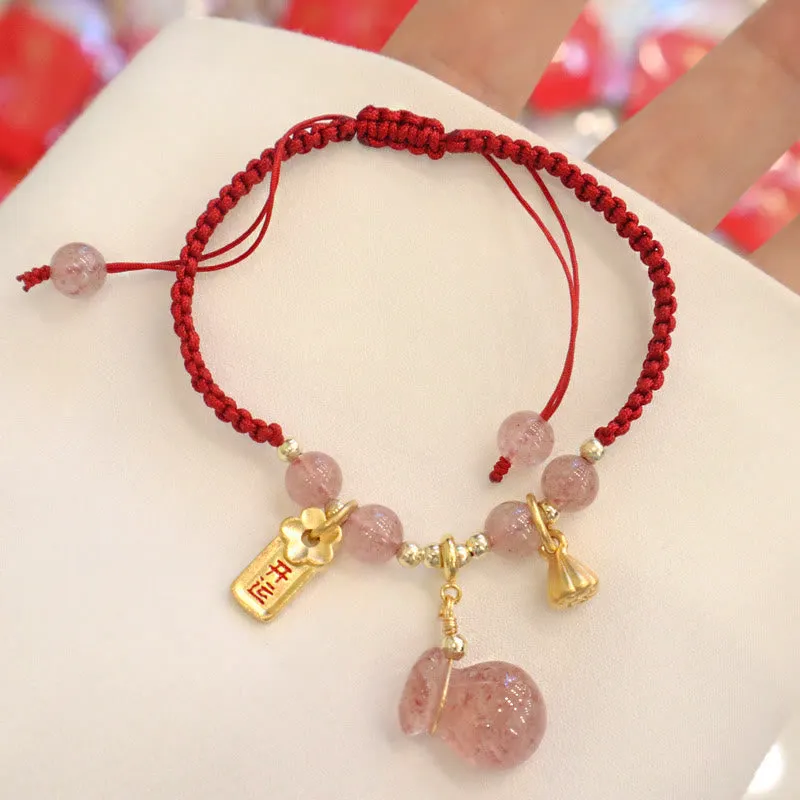 Strawberry Quartz Money Bag Lotus Healing Charm Red String Braided Bracelet