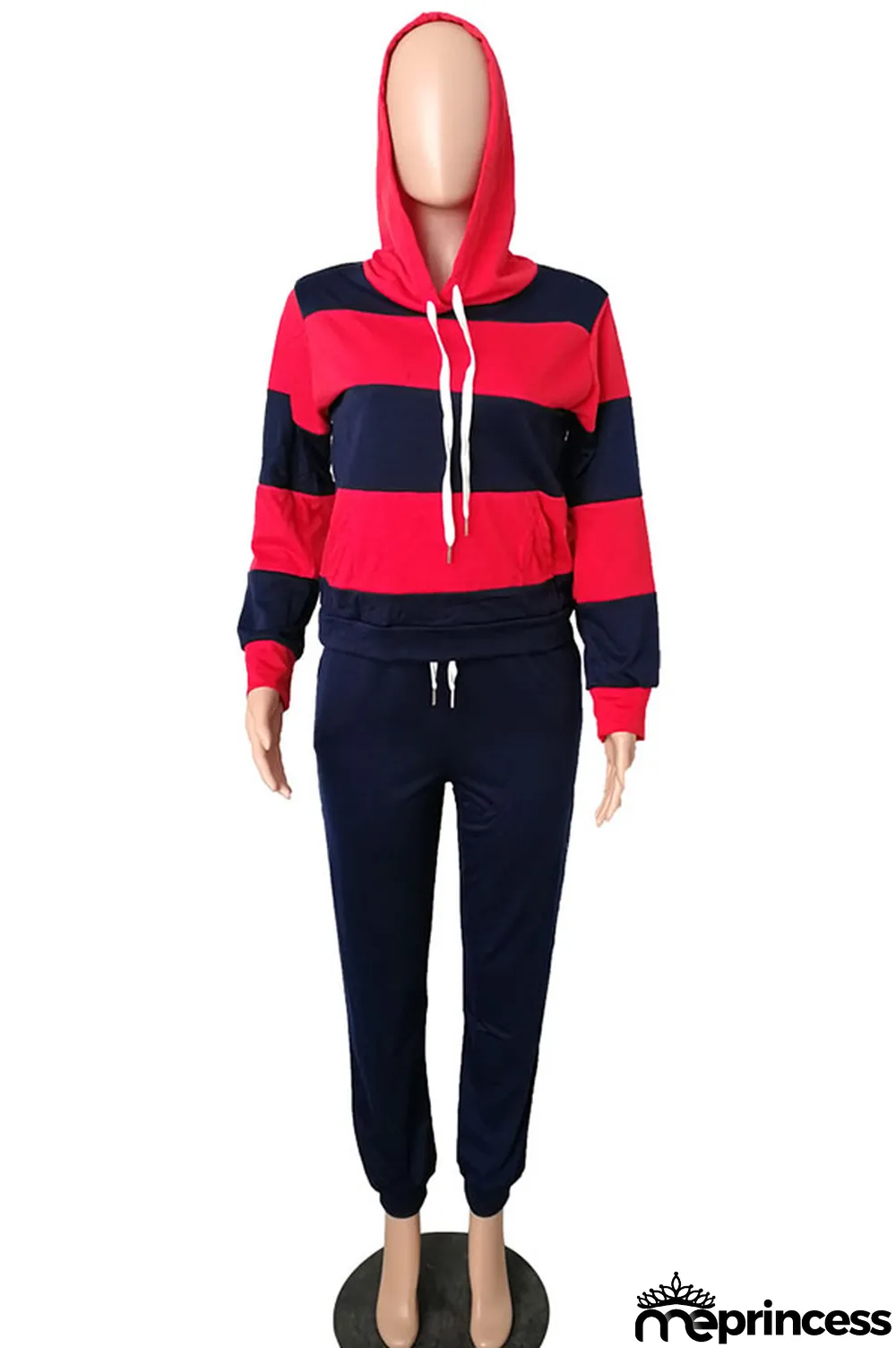 Red Polyester OL Striped Patchwork Print pencil Long Sleeve Two Pieces