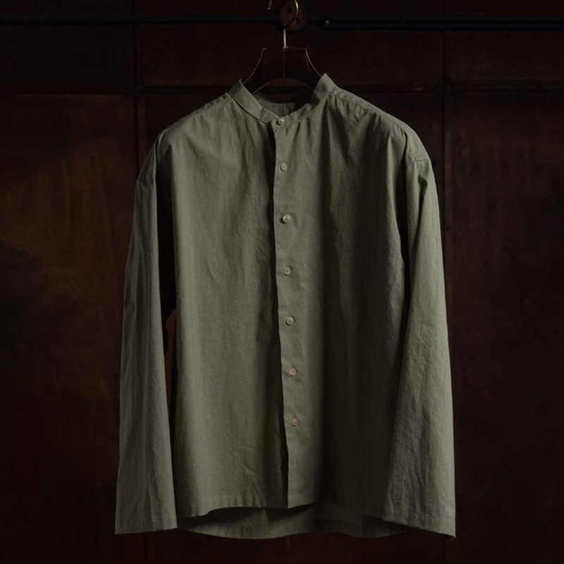 Men's Olive Green Casual Stand Collar Cotton Single Breasted Shirt