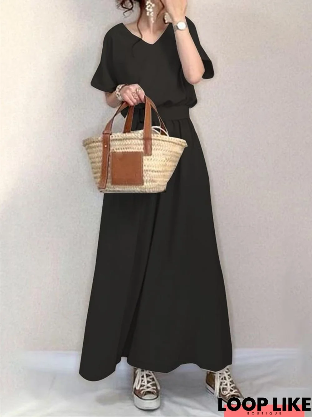 Temperament V-Neck Long Skirt Loose A-Line Skirt Waist Dress