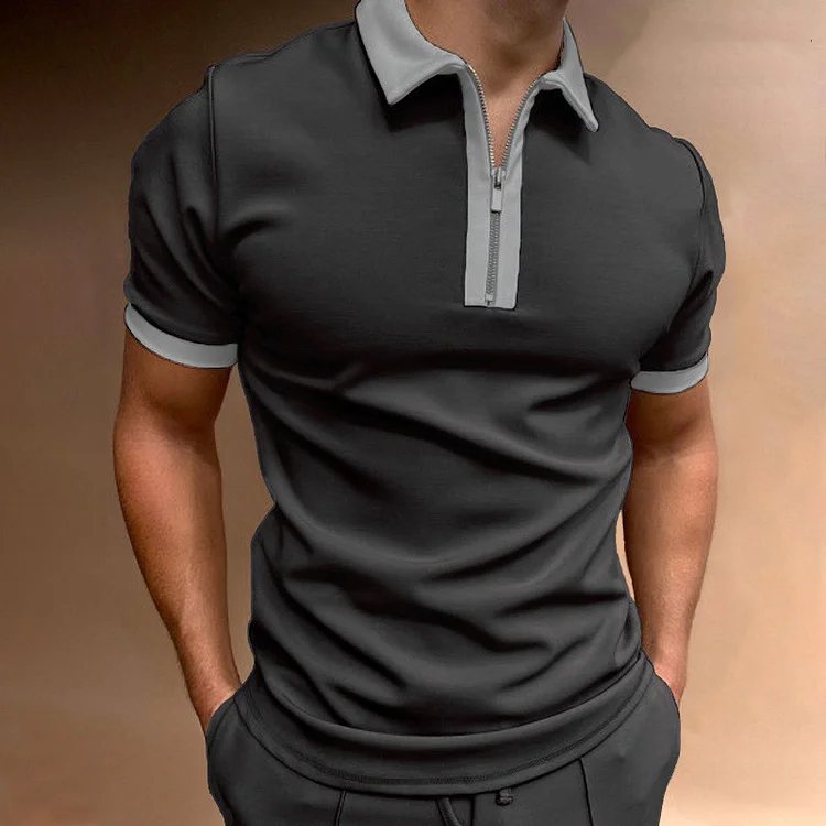 BrosWear Men's Zipper Colorblock Goft Tennis Daily Short Sleeve POLO Shirt gray