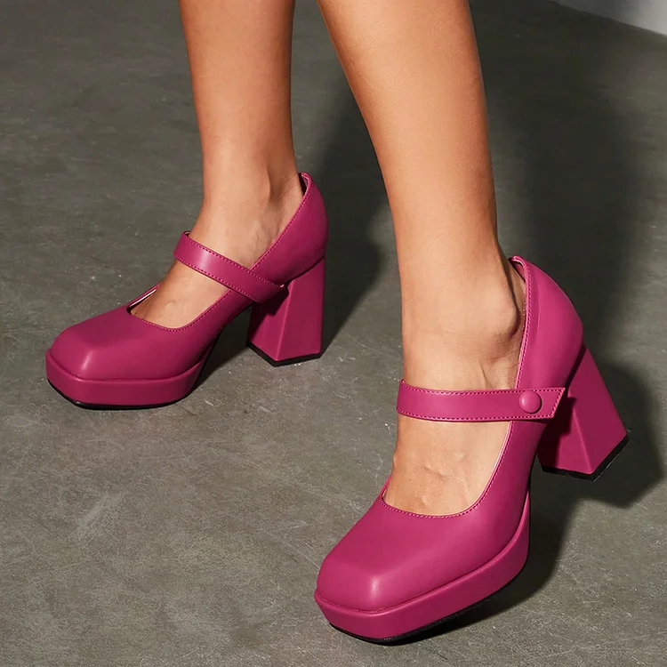 Women's Elegant Fuchsia Square Toe Chunky Heel Platform Mary Janes |FSJ Shoes