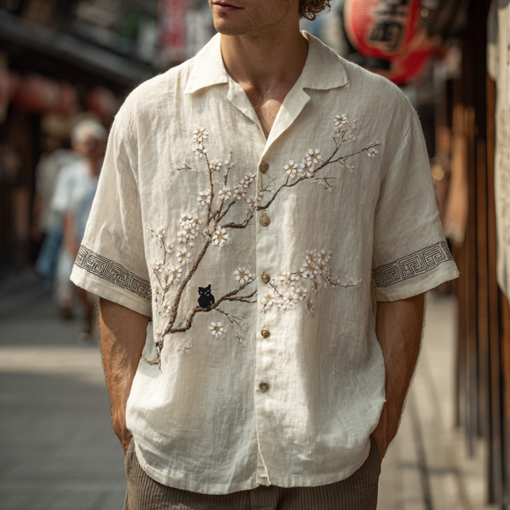 Japanese Style Cherry Blossom And Cat Art Embroidered Lightweight Short Sleeve Shirt elevenforest