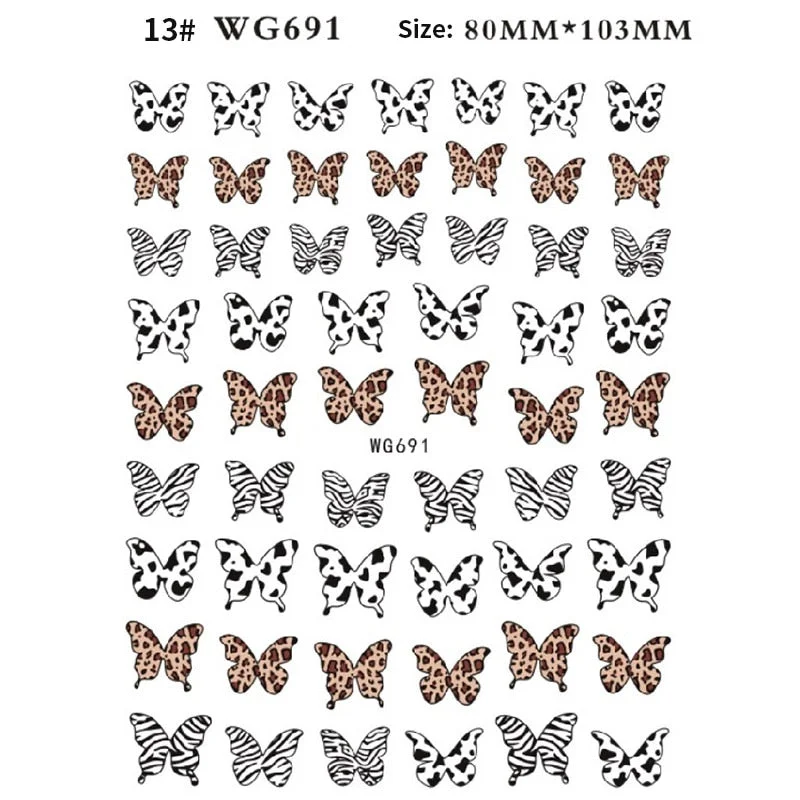 Black White Milk Cow 3D Nail Stickers Butterfly Leopard Adhesive Nail Transfer Decals Sliders Wraps DIY Nail Art Decorations