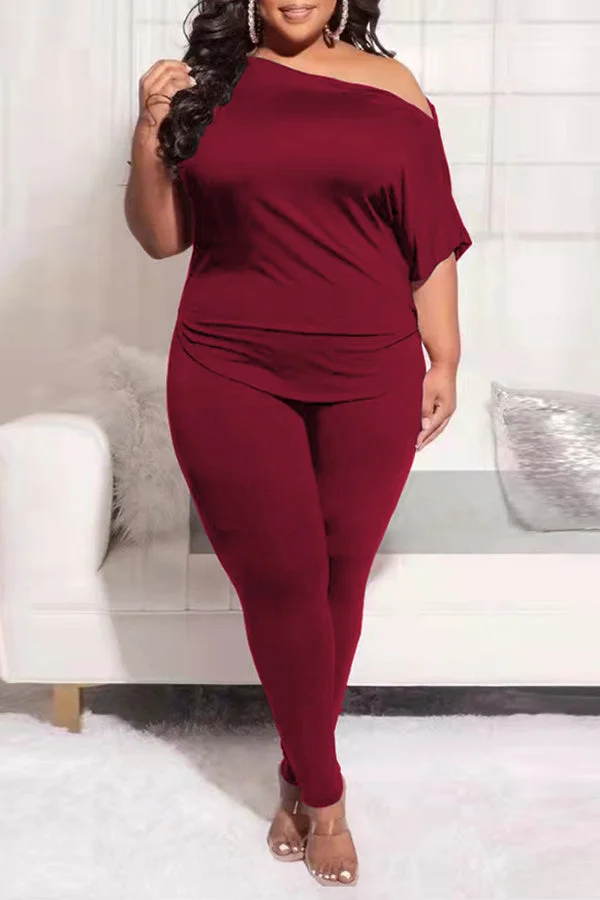 Irregular Solid Color Oblique Shoulder Bodycon Outfits