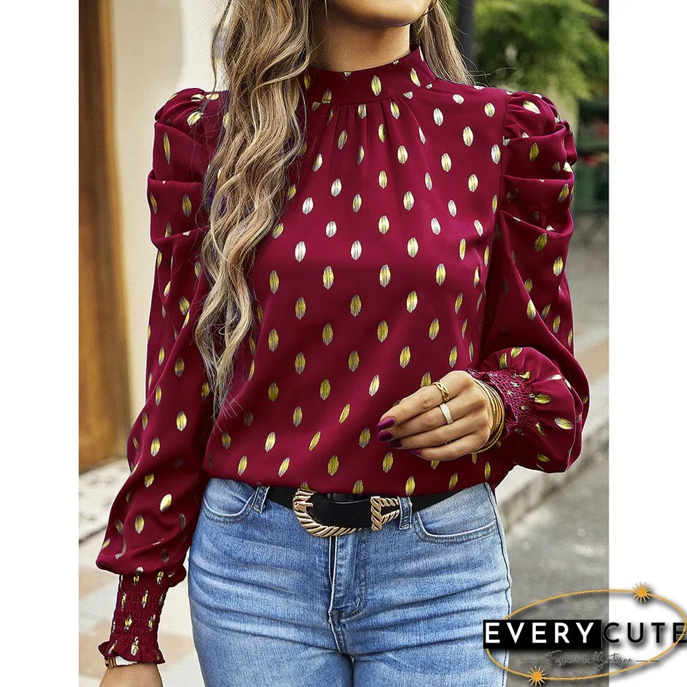 Burgundy Polka Dot Pleated Cuffs Long Sleeve Tops