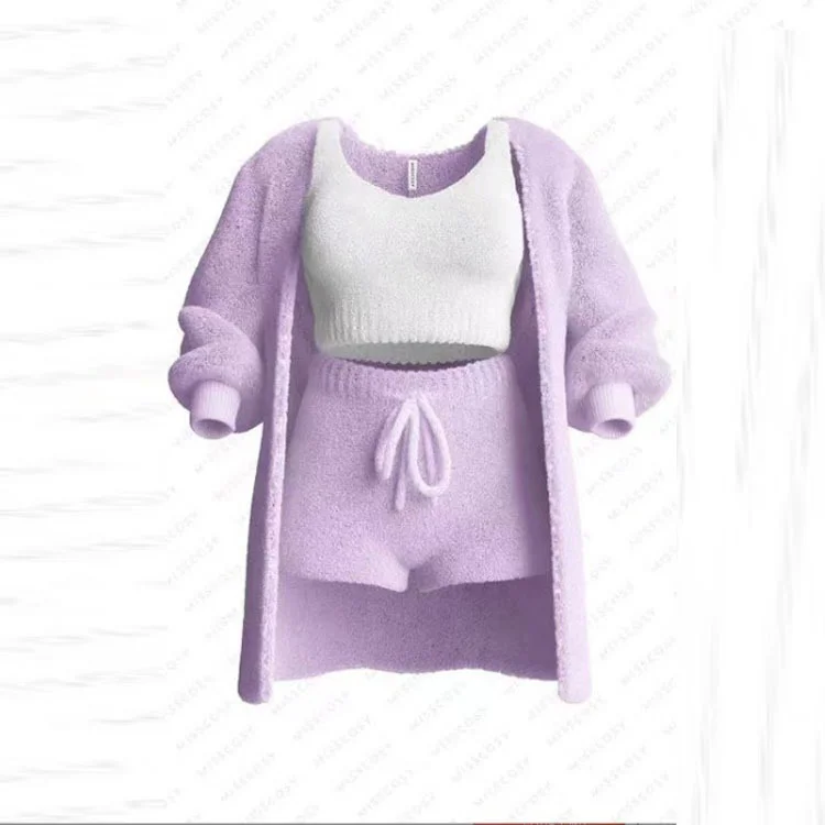 Uveng Uveng 2025 New Knitted Plush Long-Sleeved Coat Vest Shorts Four-Piece Set + Three-Piece Set